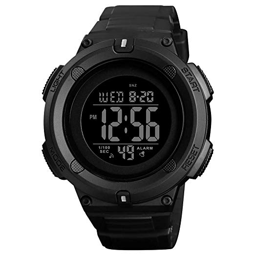 Men's Digital Sports Watch LED Screen Large Face Military Watches and 50m Waterproof Stopwatch Alarm Simple Army Watch - Black
