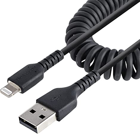 StarTech.com 50cm (20in) USB to Lightning Cable, MFi Certified, Coiled iPhone Charger Cable, Black, Durable TPE Jacket Aramid Fiber, Heavy Duty Coil Lightning Cable (RUSB2ALT50CMBC)