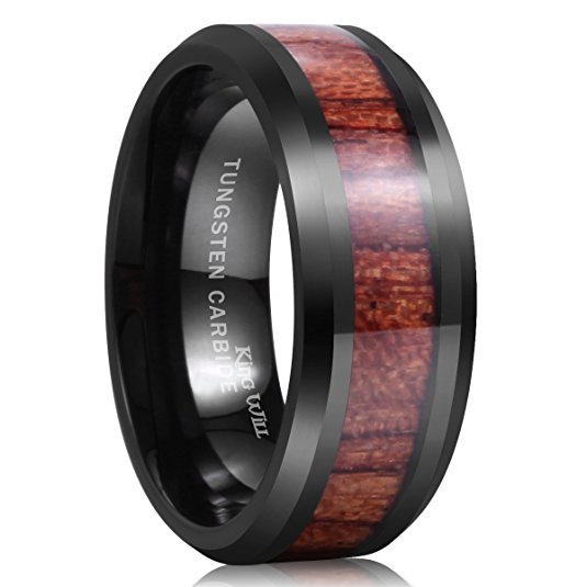 King Will Mens 8mm Black Tungsten Carbide Ring Wood Inlay Wedding Band High Polished Finish Comfort Fit