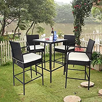 Leaptime Patio Bar Set 5pcs Black Rattan 1 Bar Table with Umbrella Hole 4 Stools Set Party Furniture Outdoor Garden Wicker Bar Set Khaki Cushion