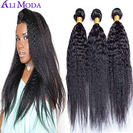 Ali Moda Brazilian 8A Yaki Kinky Straight Hair 3 Bundles 100% Unprocessed Human Hair Weave Extensions Natural Color (18 16 14)
