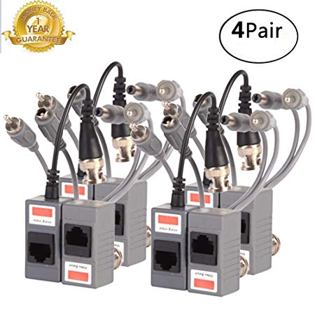 Video Balun,Passive BNC Audio Power Transmitter/Transceiver Connectors Adapter with RJ45 Terminal Via CAT5/5E/6 Twisted-Pair Cable for HD-CVI-TVI/AHD 720P-1080P CCTV Security Camera System 4Pairs/8PCS