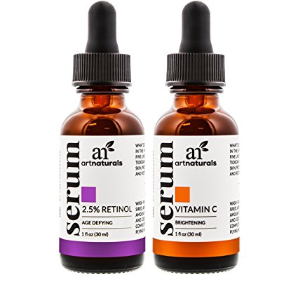 ArtNaturals Organic Vitamin-C and Retinol Serum – (1.0 oz x 2) Holiday Gift Set - Anti Wrinkle & Dark Circle Remover (Morning & Night Anti Aging Therapy) – All Natural and Moisturizing Treatment