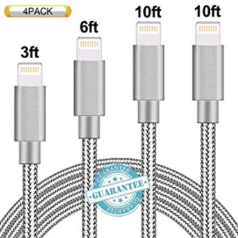 DANTENG Compatible with Phone Cable,Phone Charger 4Pack 3FT 6FT 10FT 10FT Nylon Braided Compatible with Phone Xs/XS Max/XR/X/Phone 8 8 Plus 7 7 Plus 6s 6s Plus 6 6 Plus Pad Pod Nano - Grey