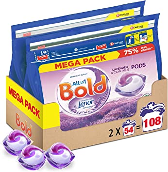 Bold All-in-One Pods Washing Liquid Laundry Detergent Tablets/Capsules, Lavender and Camomile Scent, 108 Washes (54 x 2)