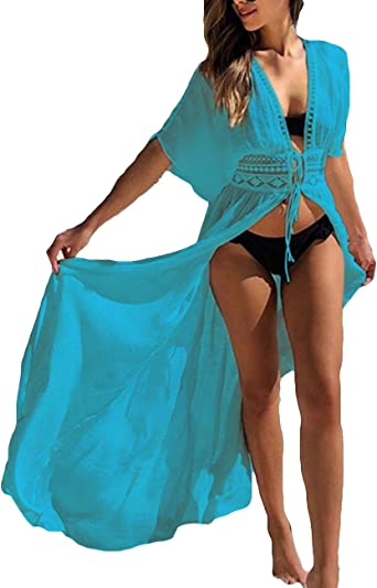 Bsubseach Women's Long Beach Kimono Cardigan Open Front Bikini Swimsuit Cover Ups with Drawstring