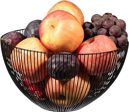 Cq acrylic Metal Wire Fruit Basket,Large Round Storage Baskets for Bread,Metal Wire Bread Fruit Bowl Vegetable Stand Holder for Snacks,Modern Fruit Bowl Decorate Kitchen Counter,Black