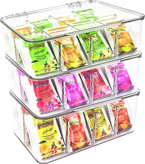 Utopia Home Set of 3 Plastic Tea Bag Organizer - Stackable Tea Bag Storage Organizer Bin Box with Clear Top Lid- Tea bag holder use in Counter tops, Kitchen Cabinets, Pantry, Sweeteners,Beverage bag