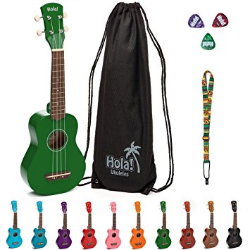 Hola! Music HM-21GN Soprano Ukulele Bundle with Canvas Tote Bag, Strap and Picks, Color Series, Green