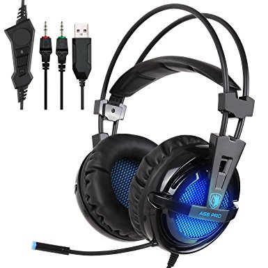 SADES A55 Pro 3.5mm Gaming Headset Over-ear Lightweight Stereo Vibration Gaming Headphones for  Computer PC Gamer with Microphone LED Light Volume Control One-Key Mute (Blue)