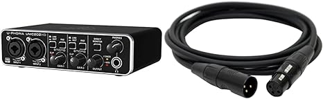 Behringer UMC202HD U-Phoria USB Audio Interface with MIDAS Microphone Preamplifiers & Digiflex HXX-10 Performance series Hi-Flex 10' microphone cable
