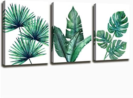 Botanical Prints Wall Art for Bathrooms, 3 Pieces Framed Canvas Tropical Plants Pictures Minimalist Watercolor Painting, Palm Banana Monstera Green Leaf Wall Decor for Office Bedroom Living Room