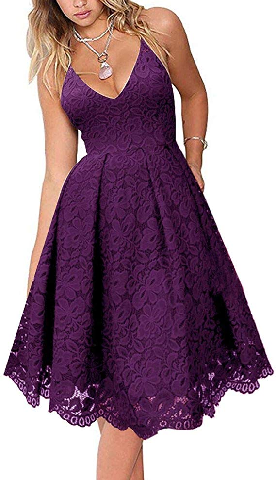 MEROKEETY Women's Lace Floral V Neck Spaghetti Straps Backless Cocktail A-Line Dress for Party