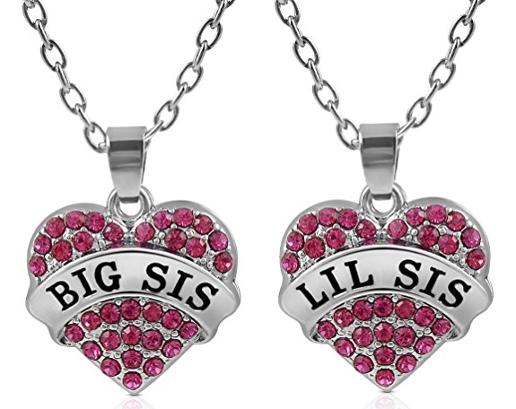 Matching Big Sis Lil Sis Pink Crystal Heart Necklace Set Gift for Little Sisters BFF Girls Teens Women