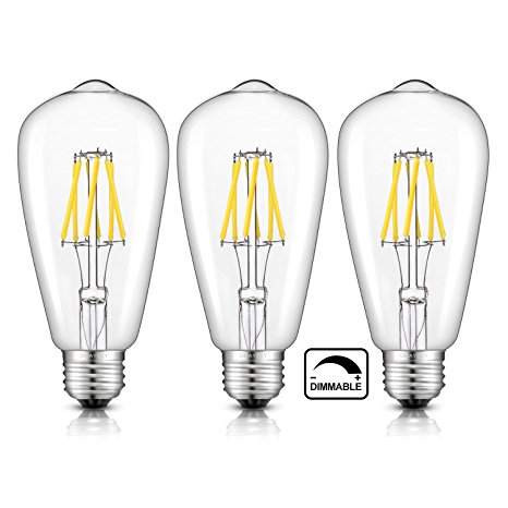 OMAYKEY 6W Dimmable LED Filament Bulb 65W Equivalent 5000K Dayligfht White Glow, E26 Medium Base ST64 Vintage Edison Light Bulb, 360 Degrees Beam Angle, Pack of 3