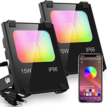 LED Flood Light Outdoor, 15W RGB Color Changing, Bluetooth Smart Floodlights RGBW 2700K Warm White & 16 Million Colors, 20 Modes, Grouping, Timing, IP66 Waterproof, Controlled by Phone (2 Pack)
