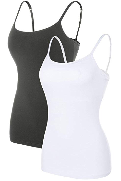 ATTRACO Women Basic Cami Adjustable Spaghetti Strap Built in Bra Tank Top 2 Pack