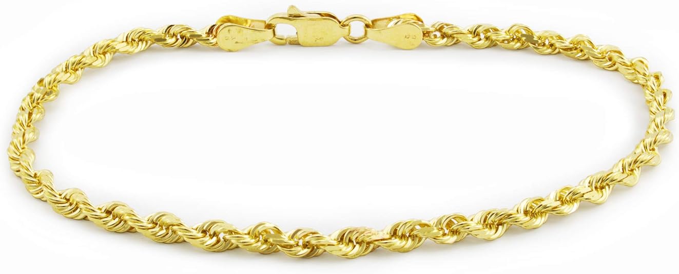 Nuragold 14k Yellow Gold 2mm Rope Chain Diamond Cut Bracelet or Anklet, Womens Jewelry 7" 7.5" 8" 8.5" 9"