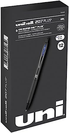 uniball 207 Plus  Retractable Gel Pens 12 Pack in Blue with 0.7mm Medium Point Pen Tips - Uni-Super Ink  is Smooth, Vibrant, and Protects Against Water, Fading, and Fraud