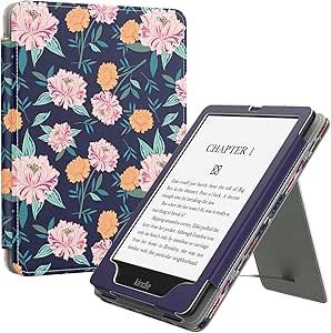 MoKo Case for 6.8" Kindle Paperwhite(11th Generation-2021) and Kindle Paperwhite Signature Edition, Slim PU Shell Cover Case with Auto-Wake/Sleep for Kindle Paperwhite 2021, Carnations on Blue