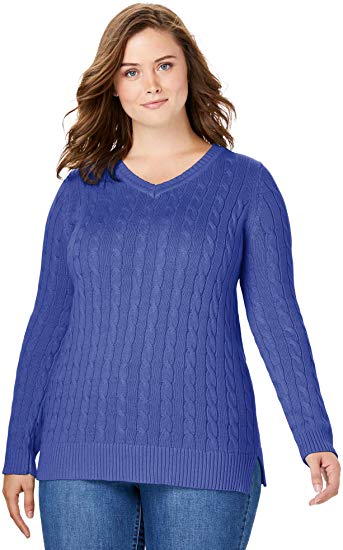 Woman Within Women's Plus Size Cable Knit V-Neck Pullover Sweater