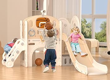 Glaf 8 in 1 Toddler Slide for Age 1-3, Kids Slides Outdoor Playset Indoor Playground for Backyard, Baby Climber Slides with Telescope Basketball Hoop Tunnel Storage Space and Ball (Beige)