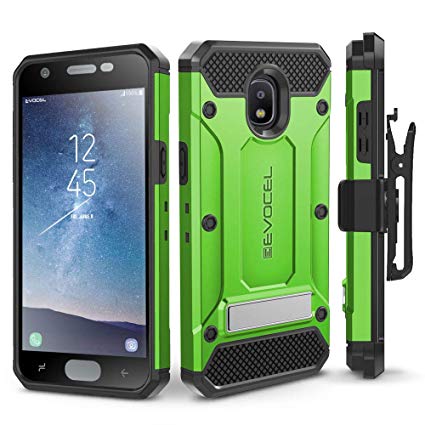 Evocel Explorer Series Pro Compatible with Galaxy J3 2018/ J3 V 3rd Gen/Express Prime 3/ J3 Achieve/ J3 Star/Amp Prime 3 Heavy Duty Protection Case w/Tempered Glass, Holster, Kickstand – Green