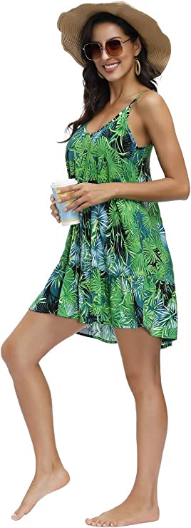 BUENOS NINOS Women's V Neck Floral Summer Dress Boho Printed Adjustable Spaghetti Strap Beach Short Dress with Pockets