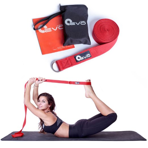 Yoga EVO Yoga Strap - 100% Cotton - 8 Foot - Double Lining - Anti Slip Metal D-Ring + Carrying Bag and Online Video Poses and Stretches