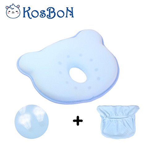 KSB 10 Inches Blue Soft Memory Foam Baby Pillow Head Positioner Neck Support,Prevent Flat Head Syndrome For 3 Months To 1 Year Old Infant (Bear Shape,Includes Pillow Case).