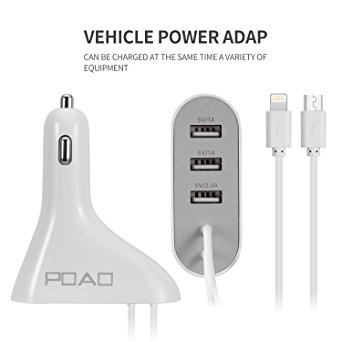 POAO 3 Smart Port USB Car Charger with 2 Micro USB Cable for Android & iPhone 5 -[White] Portable Fast Car Charger Compatible to iPhone ,Samsung ,Speaker,MP3/4