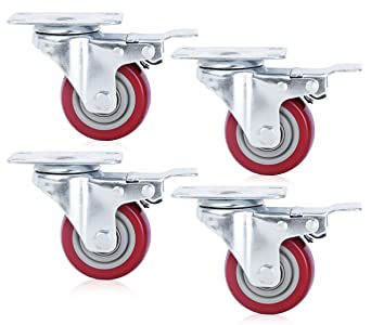 Finnhomy Caster Wheels Set of 4 with Brake 4 Inch Plate Swivel Casters Premium Polyurethane Wheels PU Load Bearing 1,400 Lbs Lockable Anti-wear Smooth Casters Red