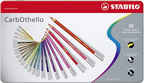 Premium Colouring Pencil - STABILO CarbOthello Pastel Pencil Metal box of 48 assorted colours, plus sharpener, kneaded eraser, blending stump