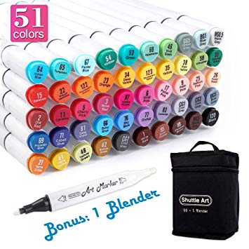 Shuttle Art 51 Colours Dual Tip Art Markers, 50 Colours Plus 1 Blender Permanent Marker Pens Highlighters with Case Perfect for Illustration Adult Colouring Sketching and Card Making