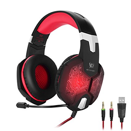 KOTION EACH G1000, 3.5mm PC Stereo Gaming Headset with in-line Mic, Integrated Microphone, Over-ear fit with Noise isolation, Integrated Breathing LED Light, For Laptops or Computers (Red)