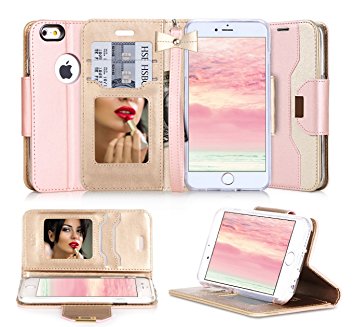 iPhone 6S Plus Case, iPhone 6 Plus Case, Fyy Premium PU Leather Wallet Case with Cosmetic Mirror and Bow-knot Strap for Apple iPhone 6S Plus / iPhone 6 Plus (5.5 inch) Pink & Gold