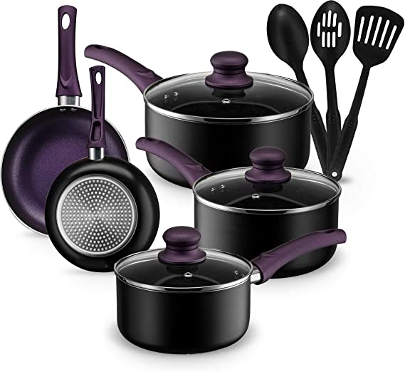 Kitchen Cookware Set, 11 Piece Pots and Pans Set for Cooking Nonstick, Dishwasher Safe Cooking Utensils Set by Halter (Purple)