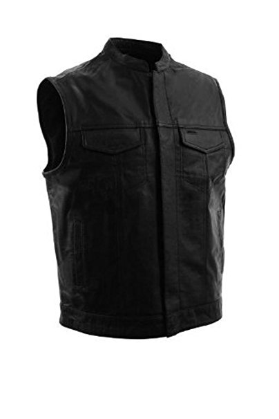 The Nekid Cow Brand SOA Motorcycle Sons of Anarchy UNIQUE Open Collar Club Leather Vest w/ Snap & Zipper-Front Closure ~ Concealed Gun Pockets - Black on Black - SOFT LEATHER (Medium)