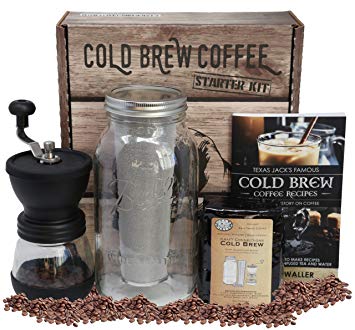 Cold Brew Coffee Starter Kit - Half Gal Mason Jar | Stainless Filter Basket | Ceramic Burr Coffee Grinder | Half Pound Certified Organic Whole Bean Cold Brew Coffee Blend | 130pg 60  Recipe & Instruction Book