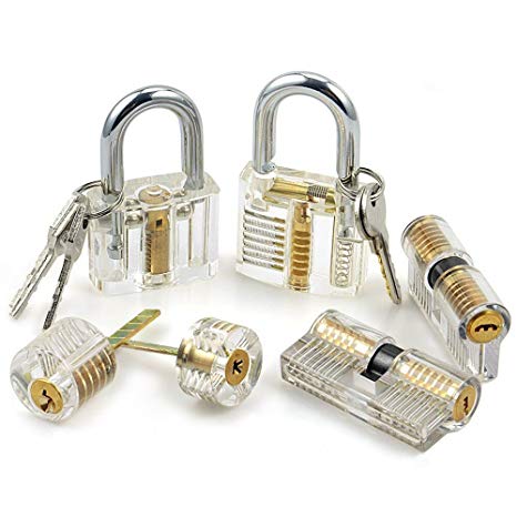 6 Pcs Transparent Padlock Lock Set, Crystal Visible Cutaway Padlock, Training Tools for Locksmith Beginner - Professional Locksmith Tools