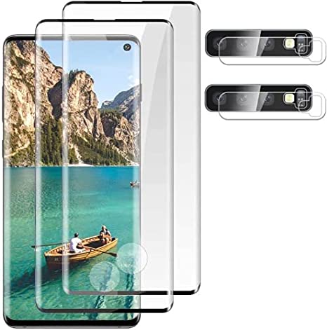 [2 2-Pack] Galaxy S10 Screen Protector, 9H Tempered Glass with Camera Lens Protector,Fingerprint Unlock,Anti-Scratch, 3D Curved HD Glass Film for Samsung S10 (6.1 Inch)
