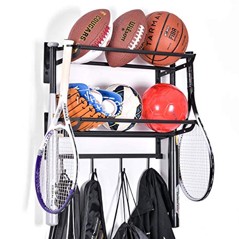 Sports Equipment Storage Rack for Baseball/Basketball/Football/Badminton/Golf/Yoga/Exercise Balls - Four Badminton Tennis Hold-2 Separate Storage Rack- Baseball/Softball Bat Rack/Bat Hooks