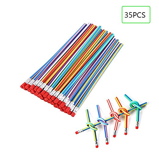 Flexible pencils, 35 Pieces Soft Bendy pencils Multi Colored Striped Soft Pencil with Eraser for Students or Children