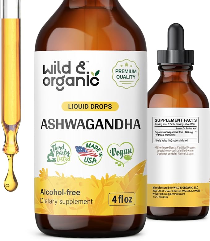 Ashwagandha Liquid Drops - Organic Ashwagandha Root Tincture for Stress and Mood Support - Ashwagandha Liquid Extract Supplement - Vegan, Alcohol-Free - 4 Fl Oz