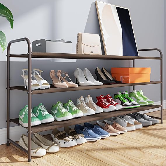 Kitsure Shoe Rack for Entryway - Sturdy & Durable Long Stackable Shoe Organizer for Closet, 3-Tier Space-Saving Metal Shoe Shelf for up to 24 Pairs, for Garage & Corridor, Brown