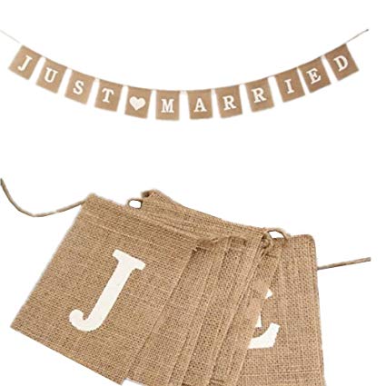OZXCHIXU (TM) Jute Burlap Just Married Bunting Banner Vintage Hessian Flag for Wedding Party Decoration Favor