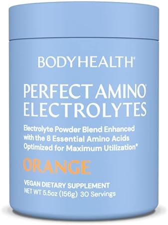 BodyHealth PerfectAmino Electrolytes Powder, Hydration Powder, Sugar Free Electrolyte Drink Mix, Keto Electrolytes Powder, Non GMO, Orange Slice Flavor (30 Servings)