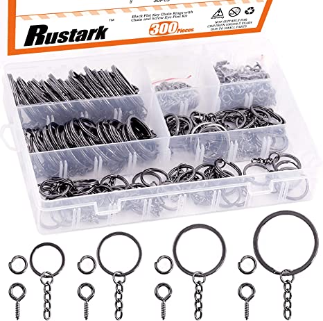 Rustark 300 Pcs Black Key Chain Rings Kit Including 100 Pcs Keychain Rings with Chain and 100 Pcs Open Jump Ring Come with 100 Pcs Screw Eye Pins for Jewelry Making (20mm 25mm 30mm 35mm)