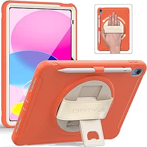 BATYUE iPad 10th Generation Case - Shockproof Protection Cover for 2022 10.9-inch iPad (10th Generation) with Screen Protector/Pencil Holder/ 360° Swivel Stand/Leather Hand Strap - Orange