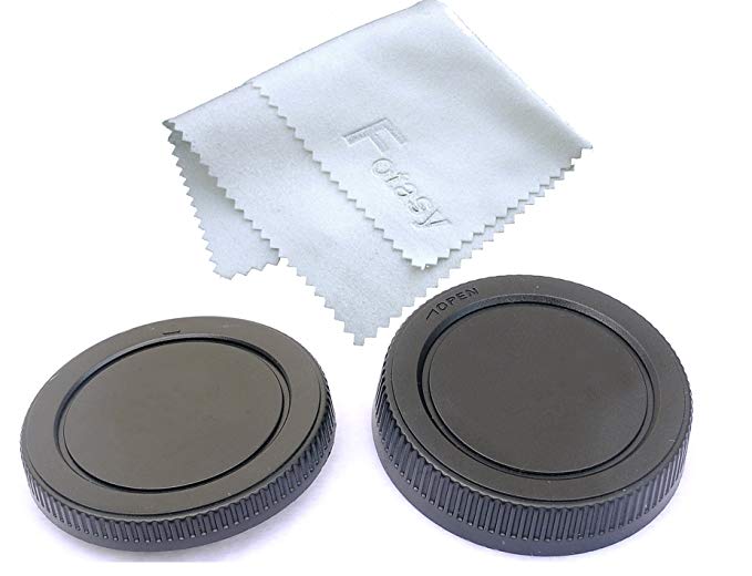 Fotasy CM43 Rear Lens Cover and Camera Body Cap Set and Cleaning Cloth for MFT Micro 4/3 M43 Mirror Less Camera (Black)